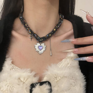 Violet Embrace - Purple Heart Tassel Wool Choker Necklace - Image 1