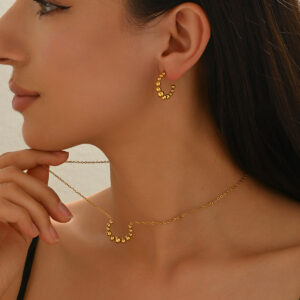 Golden Eclipse - Crescent Pendant Necklace & Earrings, Minimalist Metal Accessories, Elegant Everyday Jewelry, Perfect For Black Outfits, Dainty Clavicle Chain - Image 5