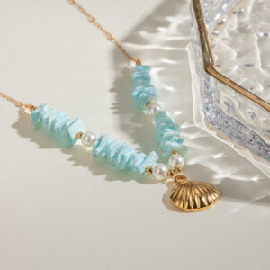 Mint Pearl Drift - Mint Green Shell Patch Pearl Shell Pendant Necklace Jewelry - Image 2
