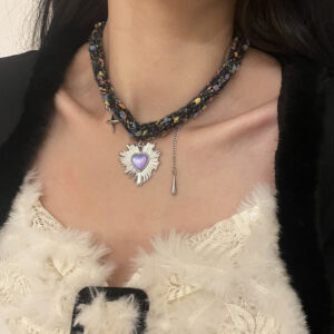 Violet Embrace - Purple Heart Tassel Wool Choker Necklace - Image 2