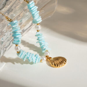 Mint Pearl Drift - Mint Green Shell Patch Pearl Shell Pendant Necklace Jewelry - Image 3