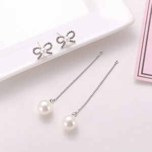 Twilight Bowdrop Earrings - Sterling Silver Needle Bow Earrings Long Pendant Pearl Hypoallergenic Earrings Copper Jewelry Two Ways - Image 5